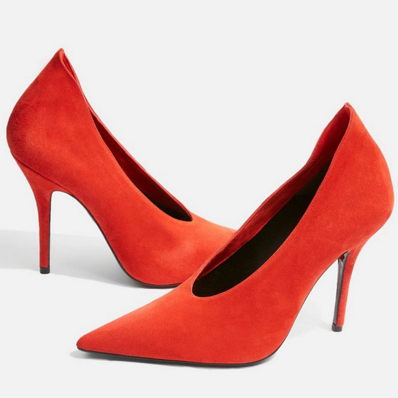 Topshop Gizzelle V Cut Pointed Toe Suede Red shoes - Picture 7 of 7